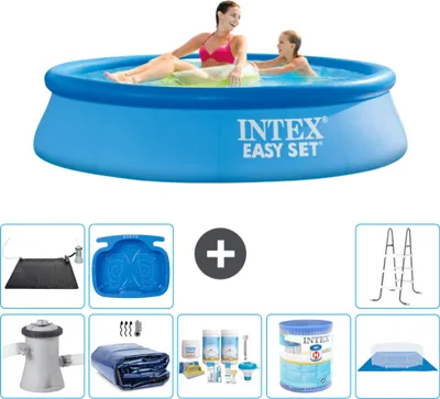 Produktbild von Intex runder aufblasbarer Easy Set-Schwimmpool – 244 x 61 cm – Blau – inklusive Pumpe Sonnensegel - Wartungspaket - Filter - Bodenplane - Solarmatte - Leiter
