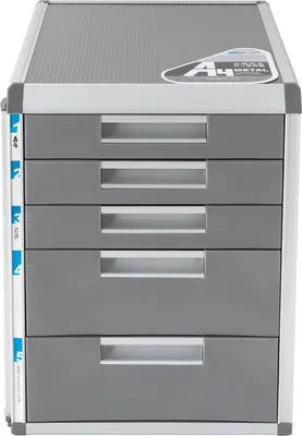 A gray metal filing cabinet with five drawers.
