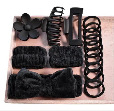 Image de INF Ensemble de 16 bandeaux de toilette à nœud souple — Accessoires pour cheveux en polyester et ABS avec grande pince mate et élastiques à cheveux très élastiques Le noir