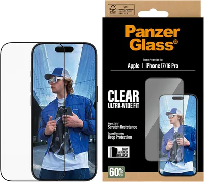 Zdjęcie produktu dla PanzerGlass ® Screen Protector iPhone 17 | iPhone 16 Pro | Ultra-Wide Fit w. EasyAligner, Apple, Apple - iPhone 17, Apple - iPhone 16 Pro, Aplikacja na sucho, Odporny na zadrapania, Odporny na wstrząsy, Przezroczysty, 1 szt.