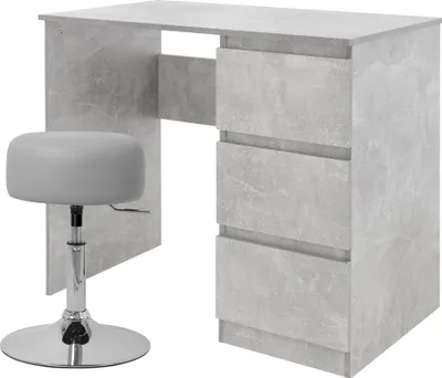 Produktbild von ML-Design Schreibtisch mit Sitzhocker, Grau, Computertisch mit 3 Schubladen, Polsterhocker Hocker Hellgrau, Ø33cm drehbar höhenverstellbar 52-65cm