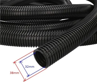 A close-up view of a black corrugated flexible hose, with measurement indicators.