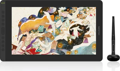A digital drawing tablet and stylus are displayed against a white background. The tablet screen shows a colorful illustration.
