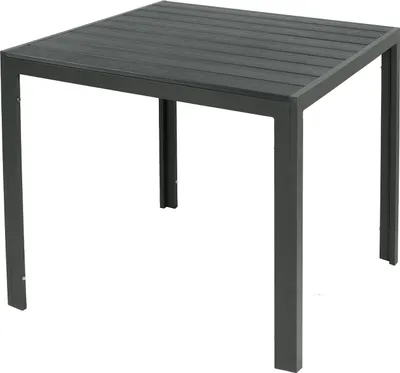 A dark gray square table with a slatted top and four legs, isolated on a white background.