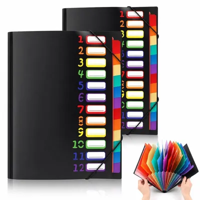 Image de 2 classeurs pour documents au format A4, avec 12 compartiments, de couleur noire