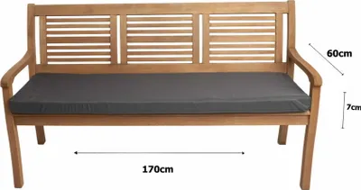 A wooden bench with a dark gray cushion, with dimensions indicated by lines and text.