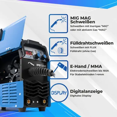 Produktbild von IPOTOOLS MIG-160ER MIG MAG Schweißgerät Schutzgas Digital IGBT E Hand Fülldraht