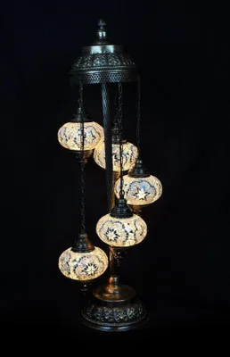 Immagine prodotto di Lampada da terra turca con 5 sfere di vetro colorate a mosaico – Lampada da terra orientale realizzata a mano per un'illuminazione suggestiva
