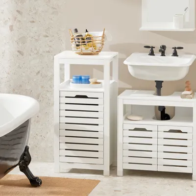 Immagine prodotto di SoBuy Mobiletto da bagno con cesto portabiancheria Mobiletto da bagno con borsa portabiancheria pieghevole Scaffale da bagno compatto Mobili da bagno in legno Bianco BZR67-W