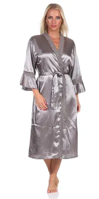 Produktbild von Damen Kimono Morgenmantel Nachtmantel Satinrobe mit Spitze; Taupe/L/40