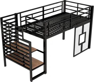 Produktbild von Flieks Etagenbett 90x200cm mit Led, Kinder Hochbett mit Treppe und Lattenrost, Kinderbett Metallbett mit Rausfallschutz, Hausbett Schwarz