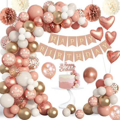 Geburtstagsdeko Roségold – 124-teiliges Set mit Banner & Ballons