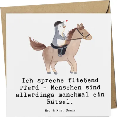 Produktbild von Mr. & Mrs. Panda Grußkarte Reiten und Rätsel - Weiß - Geschenk, Pferdesport, faltkarte, Teamsport, Sportler Geschenke, doppelkarte, Springreiten, Glückwunschkarte, Humor
