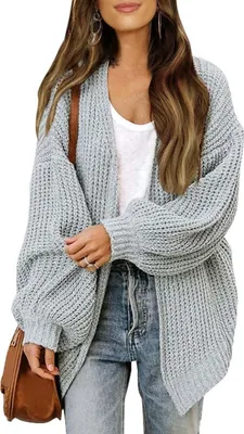 Produktbild von ASKSA Damen Cardigan Strickjacke Offene Front Strickpullover Elegant Laternenaermel Einfarbig Oversized Casual Strick Cardigan Strickmantel,Hellgrau,S