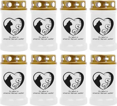 Image de Bougie funéraire - Pack de 8 - Blanc 40h ( couvercle or ) - coeur noir