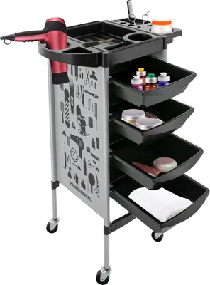 Immagine prodotto di Carrello da salone - Carrello da parrucchiere - 5 ripiani - 4 cassetti - Acciaio inossidabile - Indipendente - Per salone/barbiere/spa - Bianco