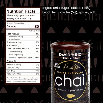 Produktbild von David Rio Black Rhino Cocoa Chai I 456g Dose I veganer Chai Latte mit Schwarztee, Kakao & Masala-Gewürzen, cremiger Schokolade