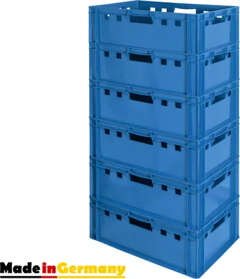 Produktbild von 6 Stück E2 Fleischkisten Kisten Eurobox Lebensmittelecht Metzgerkiste Box Aufbewahrungsbox Kunststoff Wanne Plastik Stapelbar Lagerkisten 60 x 40 Blau Kingpower
