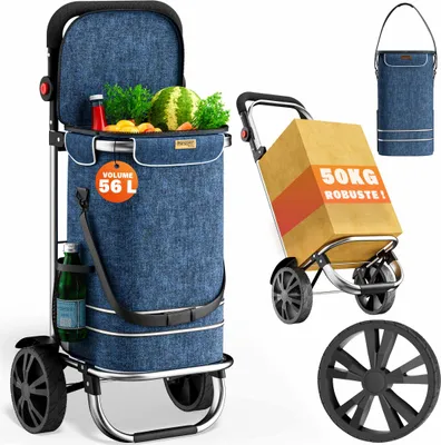Image de MONZANA® Chariot de courses bleu 56 litres 3en1 pliable compartiment isotherme poignée réglable bandes réfléchissantes