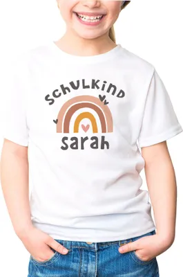 Produktbild von Kinder Mädchen T-Shirt Einschulung mit Namen Regenbogen Aufdruck Schulkind personalisiert Schulanfang Moonworks® weiß 122-128 (7-8 Jahre)