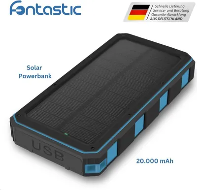 A black and blue solar power bank with solar panels on top, placed on a white background.