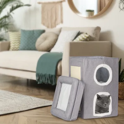 Produktbild von Relaxdays Katzenhöhle, 2 Höhlen u. 1 offene Ebene, Katzenbett, quadratisch, mit Kratzfläche, HBT: 63x40x40 cm, grau/weiß