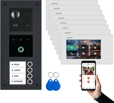 Produktbild von BALTER ERA IP Unterputz Schwarz 8x7" Weiß mit Fingerprint Video Türsprechanlage Set 4 Teilnehmer