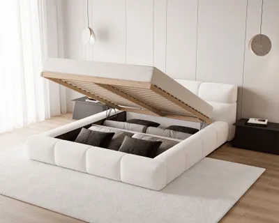 Image de BESILIO Lit rembourré avec mousse épaisse 160x200 boucle Carlo - tissu en peau d'agneau, box et lit à cadre - blanc