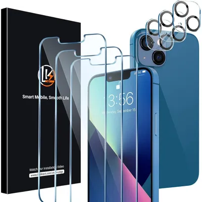 Zdjęcie produktu dla Zestaw folii ochronnych do iPhone 13 (6,1 cala) - 3 folie na ekran i 3 folie na obiektyw aparatu, twardość 9H, wysoka przejrzystość (HD), odporność na zarysowania, odporność na odciski palców