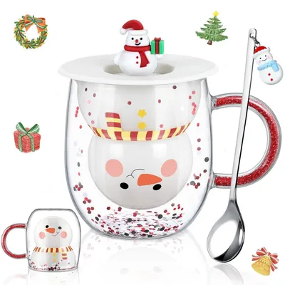 Produktbild von Weihnachtstasse Schneemann Doppelwandig 240ml mit Deckel & Löffel aus Glas