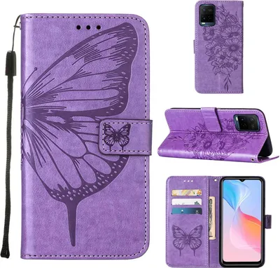 Immagine prodotto di VIVO Y21 2021 Case, Farfalla Rilievo Flip Custodia in pelle con tasca per carte e Stand per VIVO Y21 2021 / Y33S Y21S Viola