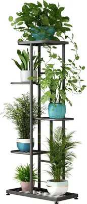 Image de Support à fleurs à 5 niveaux, pour 6 pots, de couleur gris foncé, en métal, idéal pour le salon