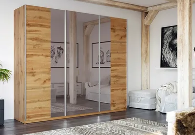 Produktbild von Easy4You Praga Eiche Wotan Schiebetüren Kleiderschrank 250x210x65 cm mit Spiegel - Schlafzimmermöbel, Aufbewahrung – Mehrzweckschrank mit 4 Kleiderstangen