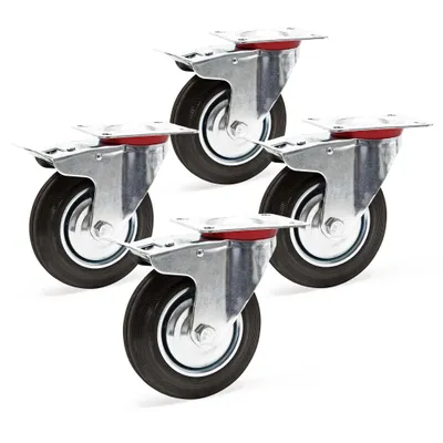 Produktbild von Wiltec Doppelstopp-Lenkrollen Set 4x Vollgummirad Transportrolle 200mm bis 150kg pro Rad mit Feststellbremse und Anbauplatte, leiser Lauf, Transportrollen Möbelrollen
