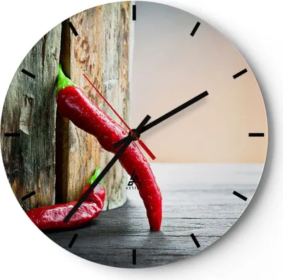 Produktbild von Wanduhr - Rund - Glasuhr - Chili Gewürz Gemüse - 30x30cm - Schleichendes Uhrwerk - Lautlos - zum Aufhängen bereit - Dekoration Modern - Wanddekoration aus Glas - C3AR30x30-2264