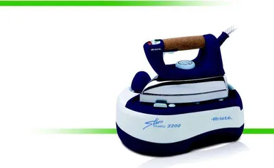 A blue and white steam iron with a water tank base, presented on a white background with green graphic elements.