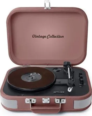 A vintage-style record player is shown with its lid open.
