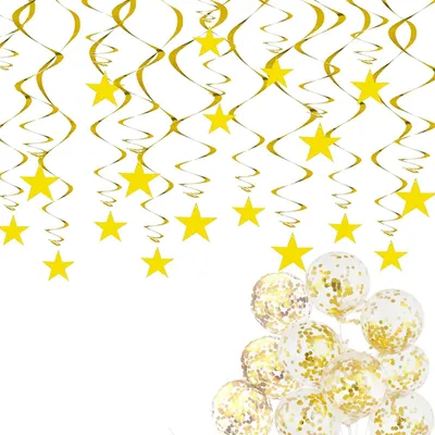 Papierschlangen-Set gold, 18 Stück + 10 Konfettiballons, 70 cm
