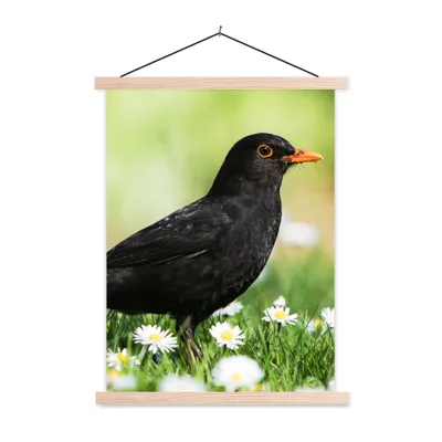 Produktbild von MuchoWow® Textilposter Vogel - Amsel - Blumen 40x53 cm mit holzfarbenen Rahmen - Schlafzimmer