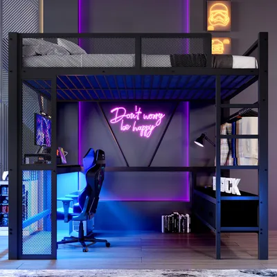 Image de okwish Lit mezzanine 140×200 avec grand bureau et tiroirs, lit pour adolescents avec placard ouvert, lit simple en noir, sans matelas