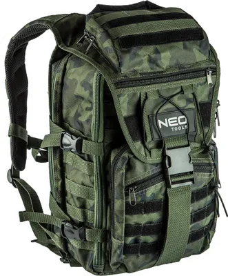 Obrázok produktu pre NEO TOOLS Army batohy Batoh na náradie Batoh na prežitie CAMO (prázdny) pre profesionálnych remeselníkov, maskáčový vzhľad, 100% nylon 600D, nastaviteľné ramenné popruhy s polstrovaním, 1 rukoväť, 4 vonkajšie vrecká, 18 vnútorných vreciek