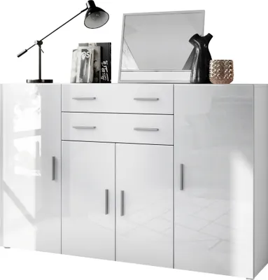 Produktbild von Vladon Highboard Aron Anrichte mit 2 Schubladen und 4 Türen mit insgesamt 8 Fächer dahinter, Weiß matt/Weiß Hochglanz (166,5 x 106,5 x 35 cm)