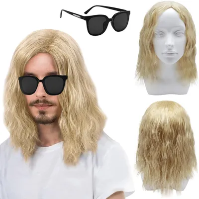 Produktbild von Lange Hellblonde Perücke für Männer, 16'' / 40 cm, Lockiges Haar, für Halloween, Hitzebeständiges