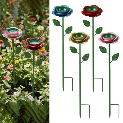 Immagine prodotto di Abbeveratoi per api, set di 4 pezzi, in metallo, con motivo a rosa, a forma di fiore, per api e farfalle, da inserire nel terreno
