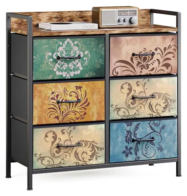 Produktbild von Kommode mit 6 Schubladen Stoff Metallrahmen Vintage-Blumenmotiv 30x80x84 cm Vintagebraun