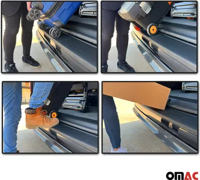 Collage of four images showing people loading luggage and boxes into the trunk of a vehicle, demonstrating the use of a car's bumper protector.