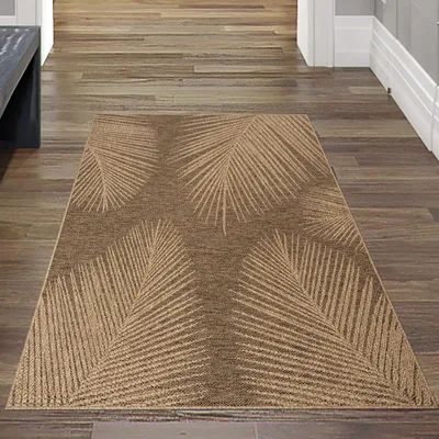 Image de Tapis d'intérieur et d'extérieur de haute qualité, résistant aux intempéries, à motif de feuilles, beige marron Taille - 80 x 150 cm