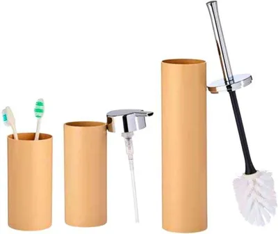 Produktbild von QuickShopping - 3-teiliges Badset beige mit verchromten Details, moderner Seifenspender 400 ml, Bürstenhalter 360 ml und WC-Bürstenhalter, minimalistischis