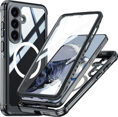 A disassembled phone case with a phone inside, showing its protective features.