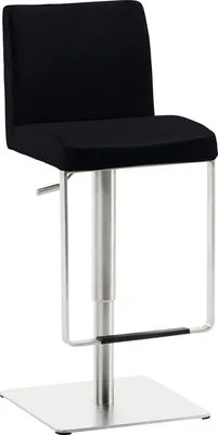 A black bar stool with a silver base and adjustable height.